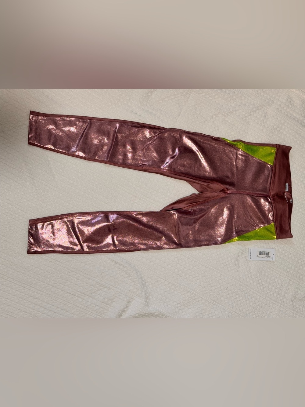 Heroine Sport Metallic Rose Pink Leggings with Neon Green Insets